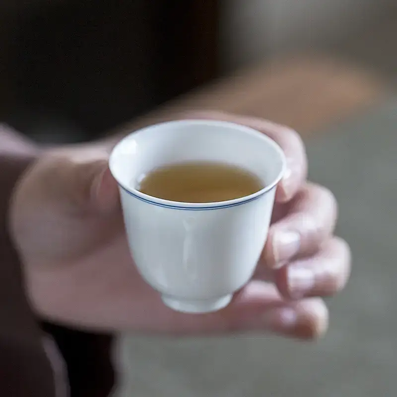 White Porcelain Tea Cup with Blue Line & Thin Feet - Image 14