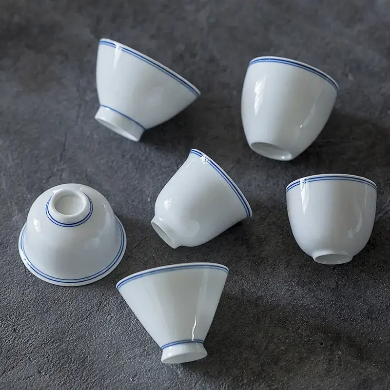 White Porcelain Tea Cup with Blue Line & Thin Feet - Image 15