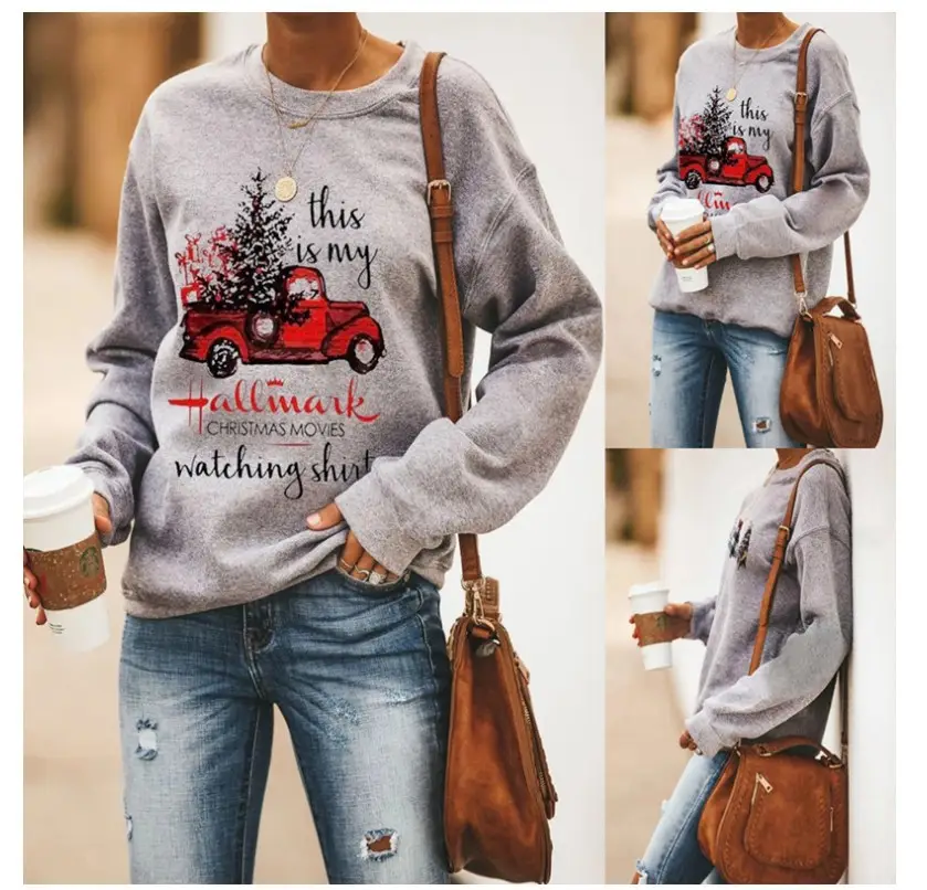 Women's Hallmark Letter Printed Sweater Shirt Grey Round Neck Long Sleeve — feature 2