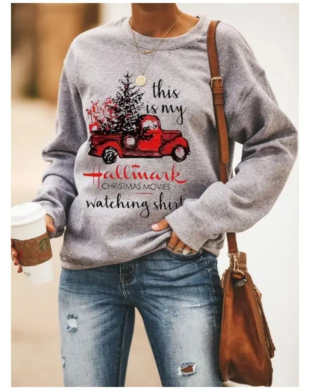 Women's Hallmark Letter Printed Sweater Shirt Grey Round Neck Long Sleeve — feature 3