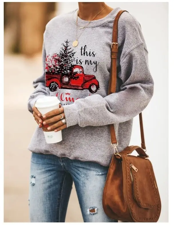 Women's Hallmark Letter Printed Sweater Shirt Grey Round Neck Long Sleeve — feature 4
