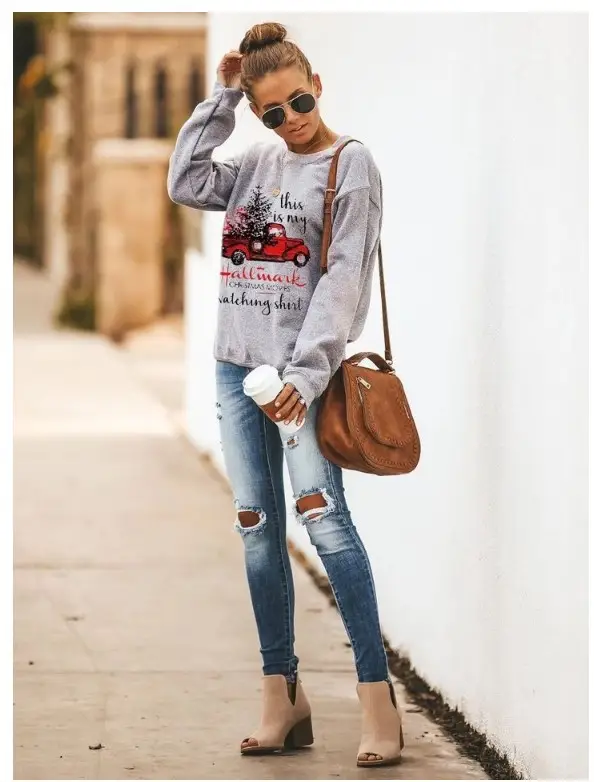Women's Hallmark Letter Printed Sweater Shirt Grey Round Neck Long Sleeve — feature 5
