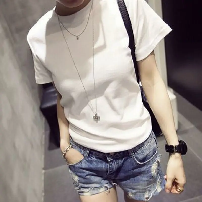 Women Navy Solid Crewneck T-Shirt Short Sleeve Slim Fit - Image 3
