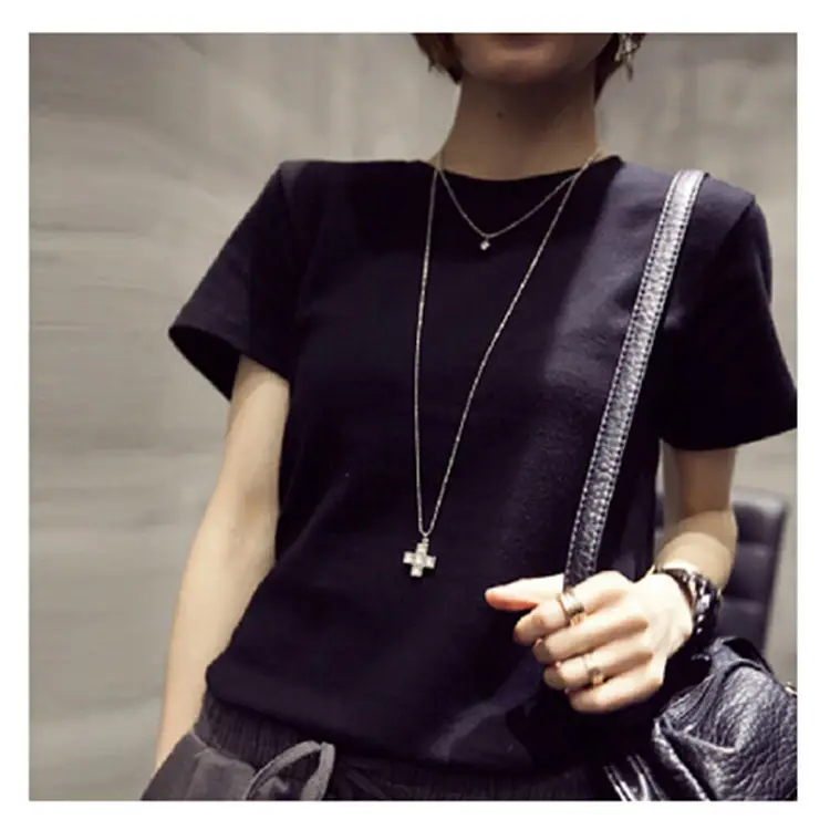 Women Navy Solid Crewneck T-Shirt Short Sleeve Slim Fit - Image 5