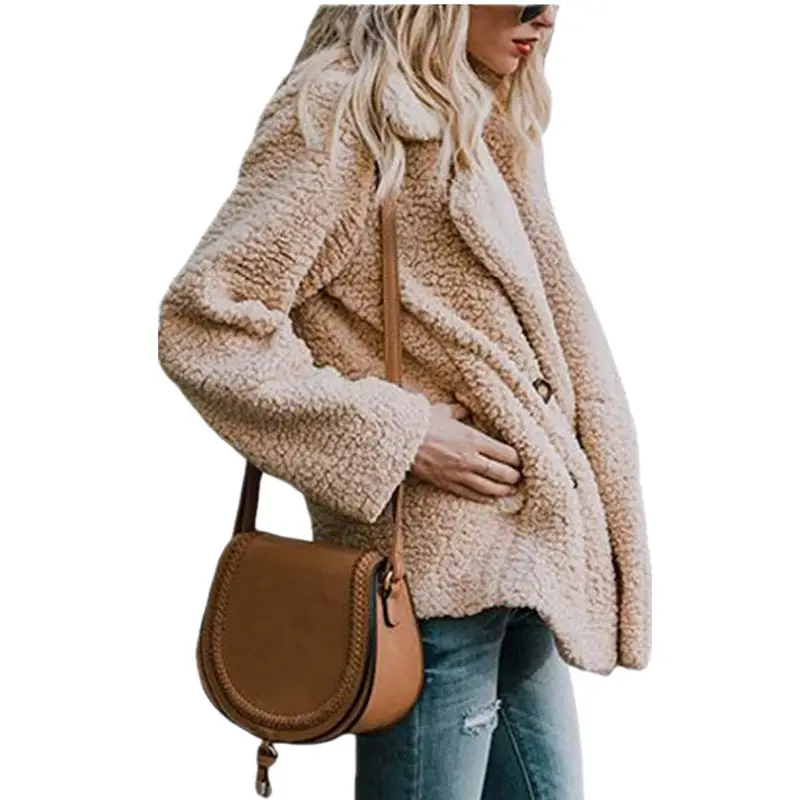Women's Beige Plush Button Coat Top with Lapels - Image 14
