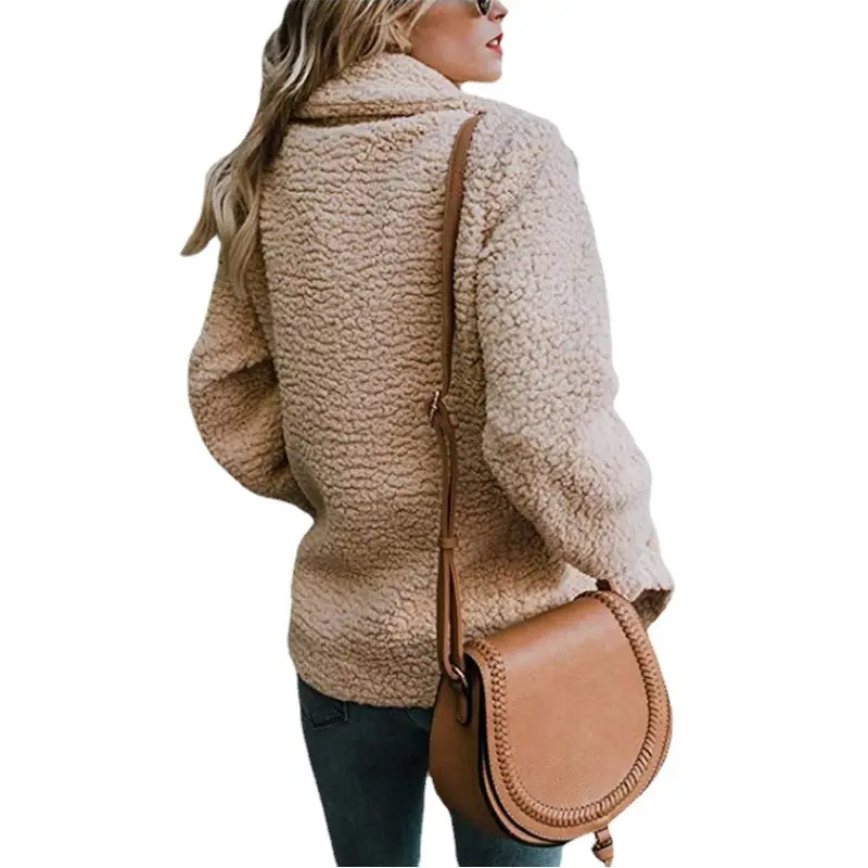 Women's Beige Plush Button Coat Top with Lapels - Image 15
