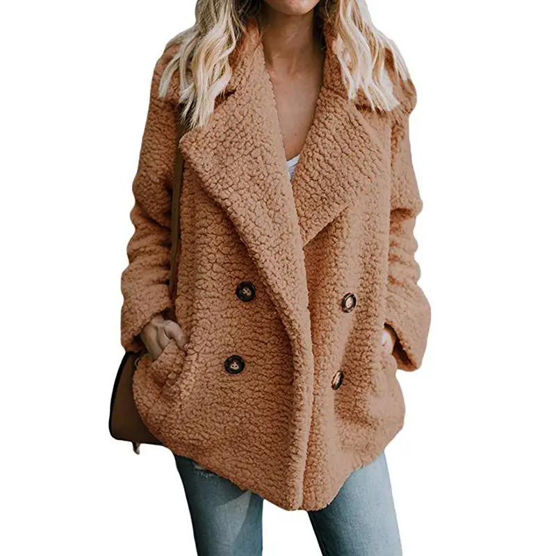 Women's Beige Plush Button Coat Top with Lapels - Image 10