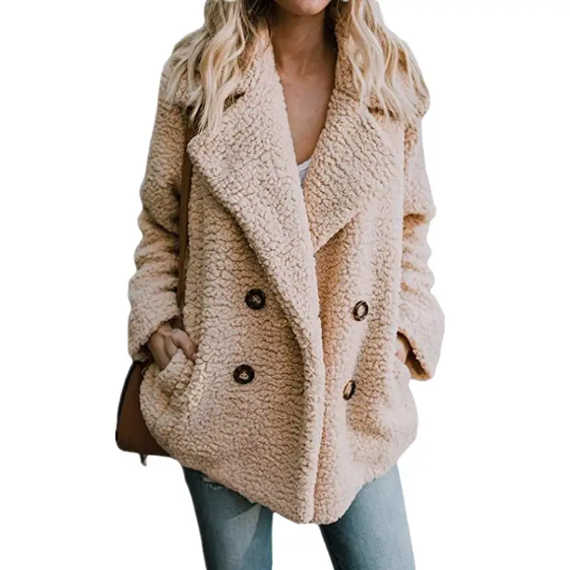 Women's Beige Plush Button Coat Top with Lapels - Image 3
