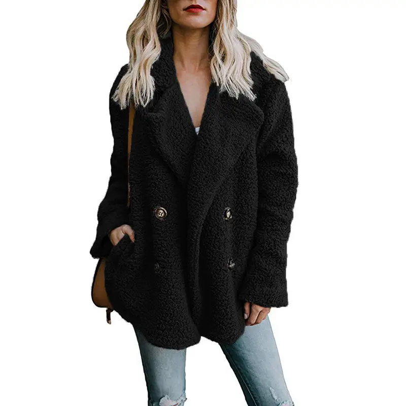 Women's Beige Plush Button Coat Top with Lapels - Image 5