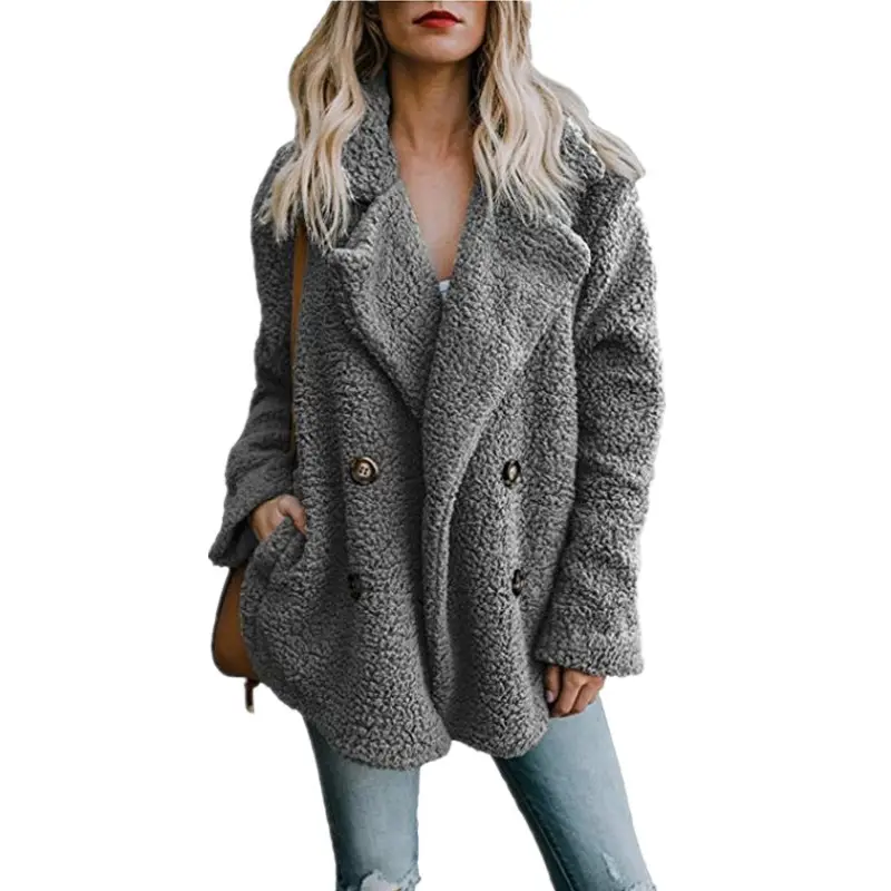 Women's Beige Plush Button Coat Top with Lapels - Image 9