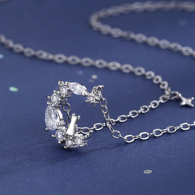 Ancient Cat Necklace for Women Silver Star Moon Tassel
