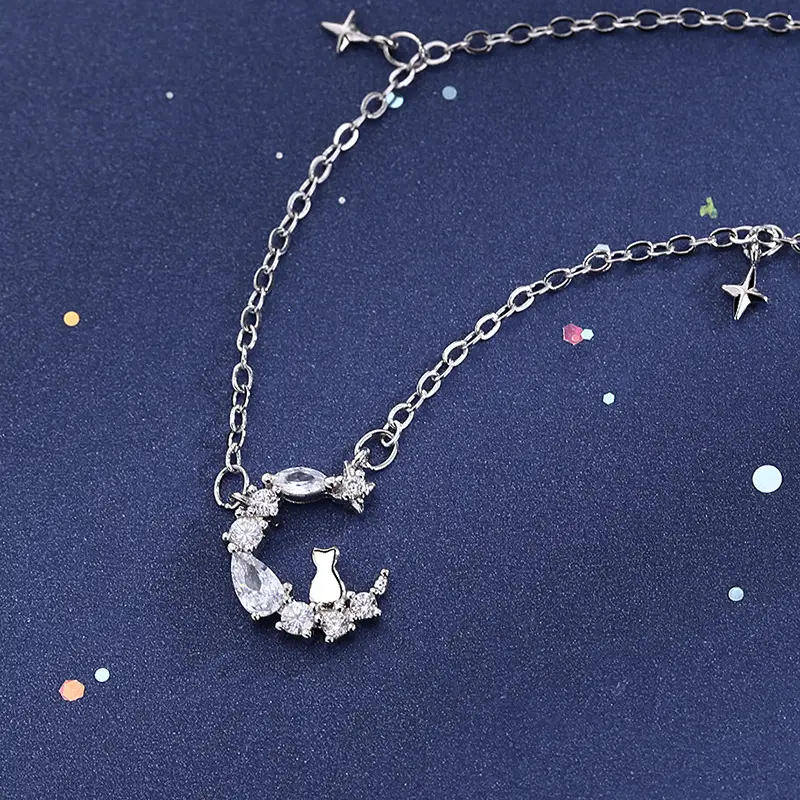 Ancient Cat Necklace for Women Silver Star Moon Tassel