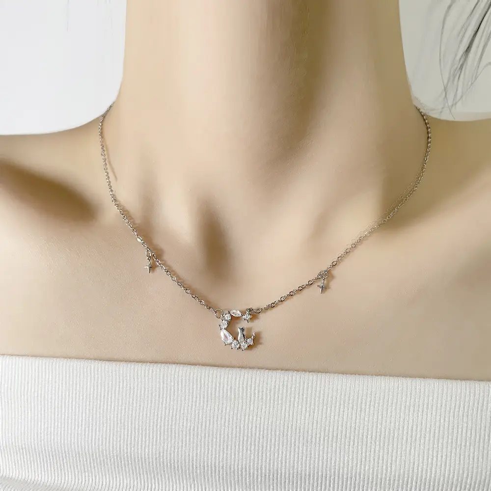 Ancient Cat Necklace for Women Silver Star Moon Tassel