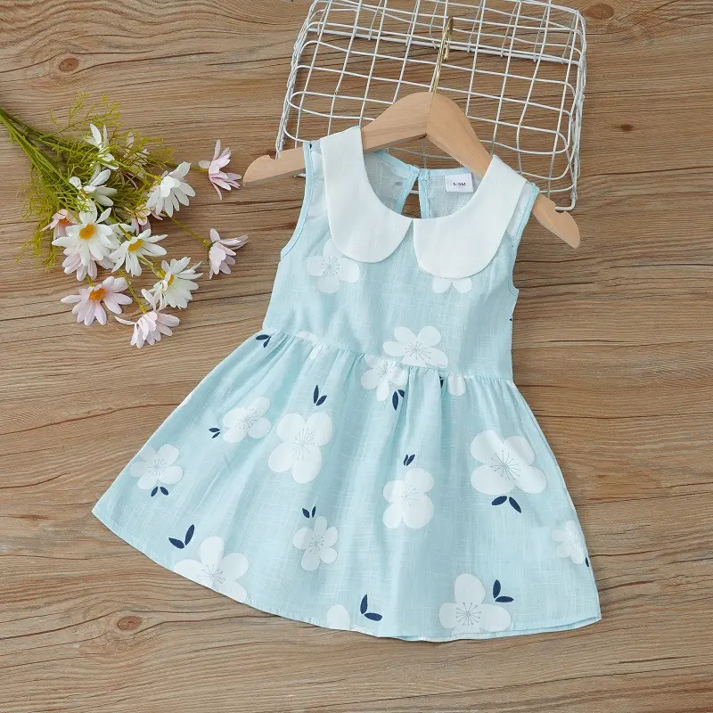 2026 Spring Girls Sleeveless Printed Doll Collar Dress Cotton Linen - Image 2