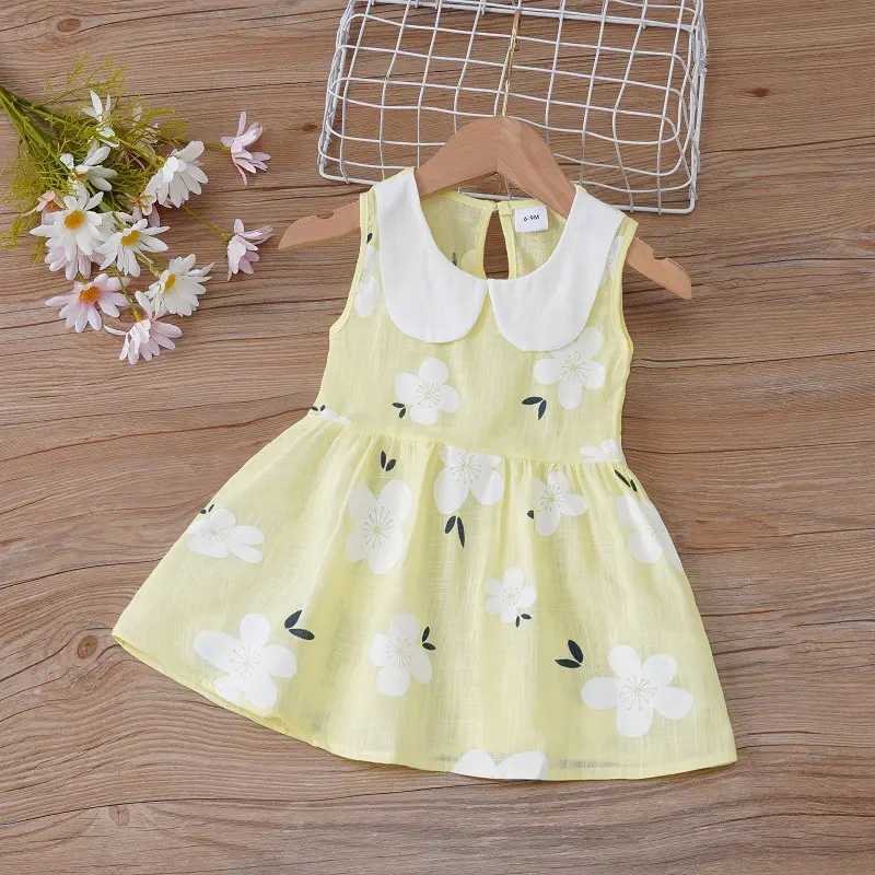2026 Spring Girls Sleeveless Printed Doll Collar Dress Cotton Linen - Image 3