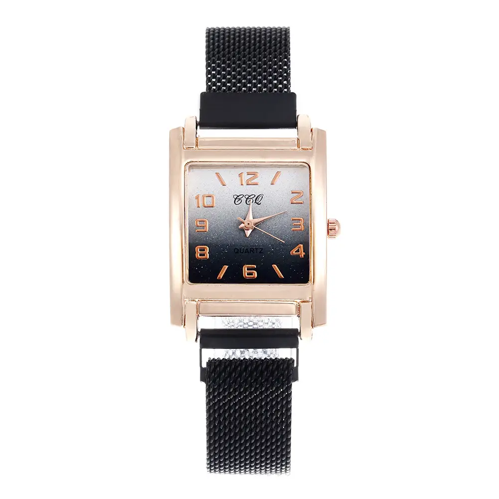 Women's Rose Gold Square Watch with Black Mesh Strap - Image 4