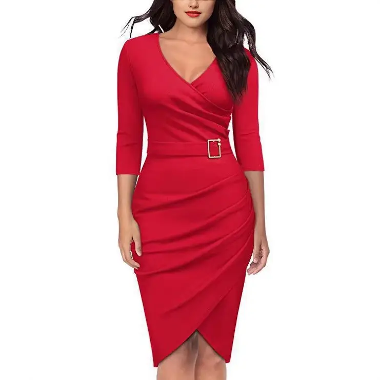 2019 V-Neck Office Dinner Dress for Women Multi Color - Image 9