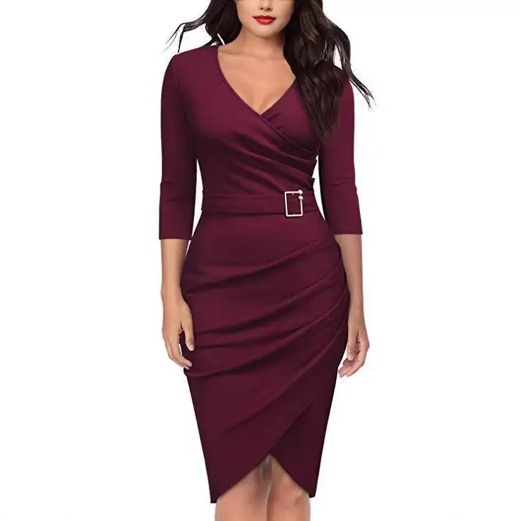 2019 V-Neck Office Dinner Dress for Women Multi Color - Image 10