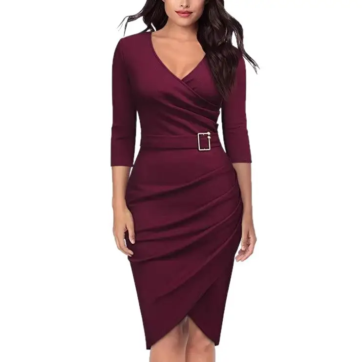 2019 V-Neck Office Dinner Dress for Women Multi Color - Image 11