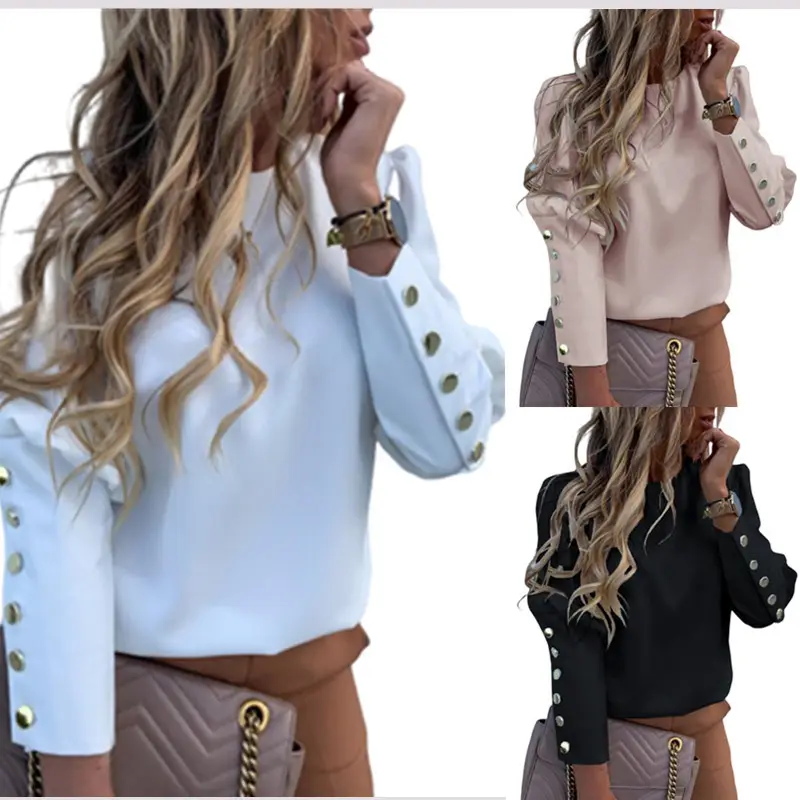 Women Long Sleeve Metal Button Top Pink - Image 3