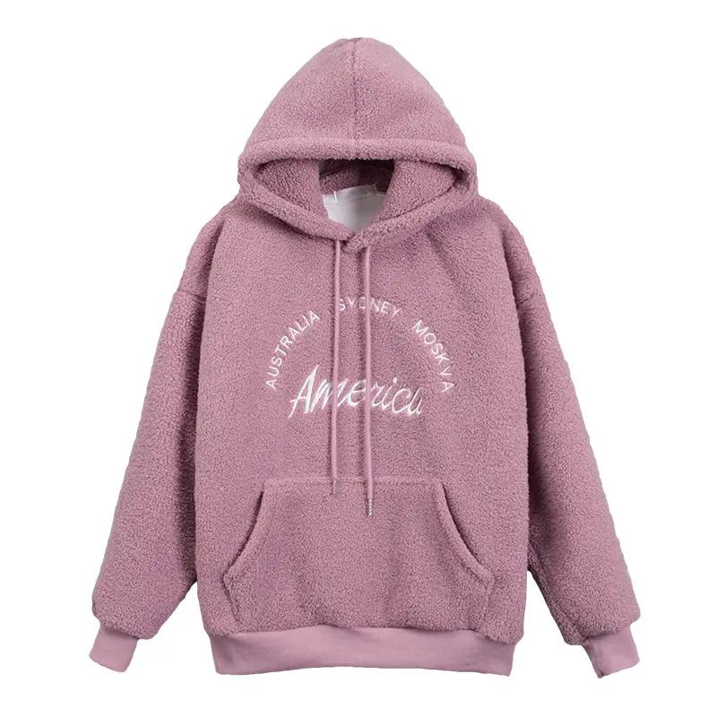 Women American Print Hooded Sweatshirt Cream Loose Fit - Image 9