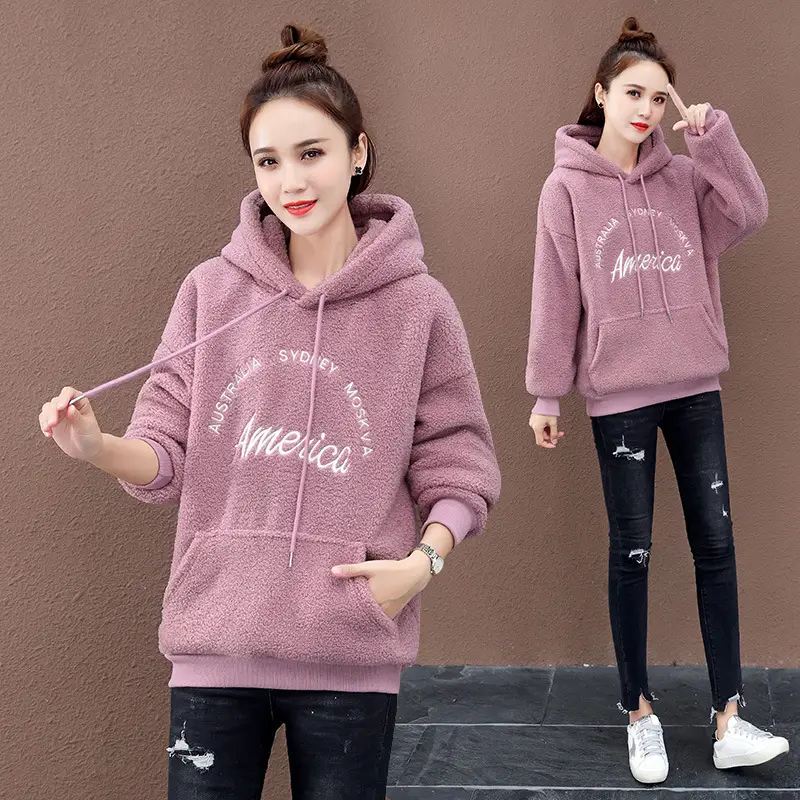 Women American Print Hooded Sweatshirt Cream Loose Fit - Image 2
