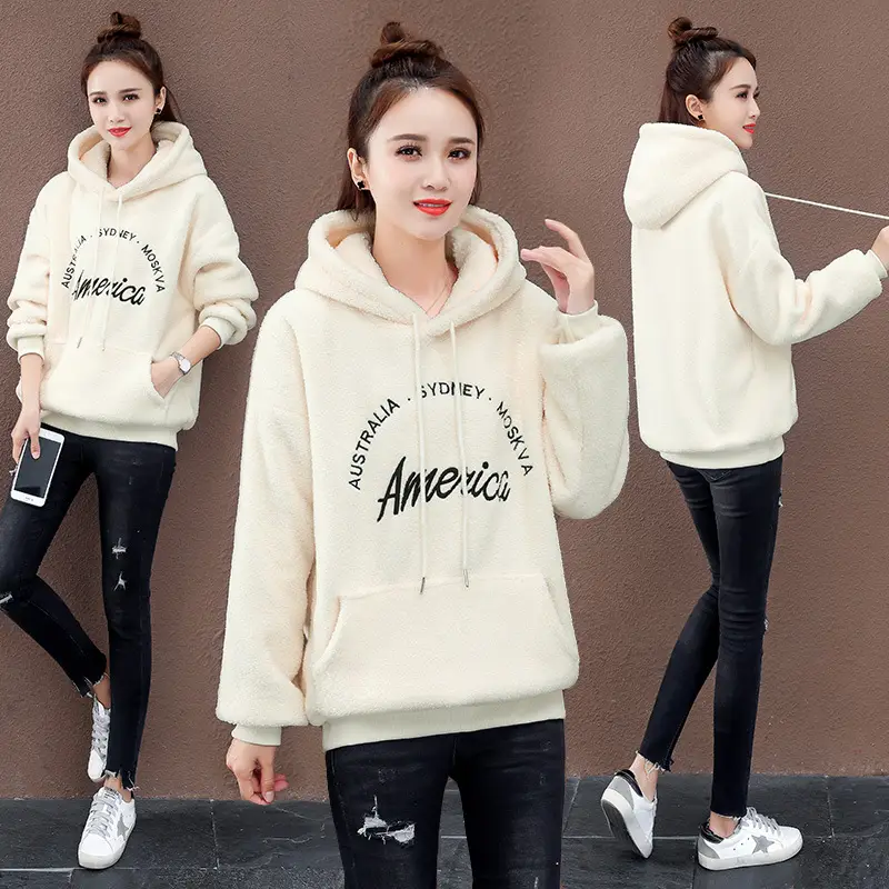Women American Print Hooded Sweatshirt Cream Loose Fit - Image 3