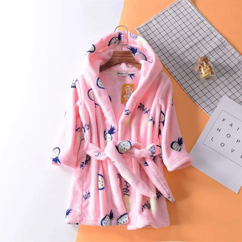 Winter Flannel Bathrobe for Girls Boys Blue Coral Print - Image 6