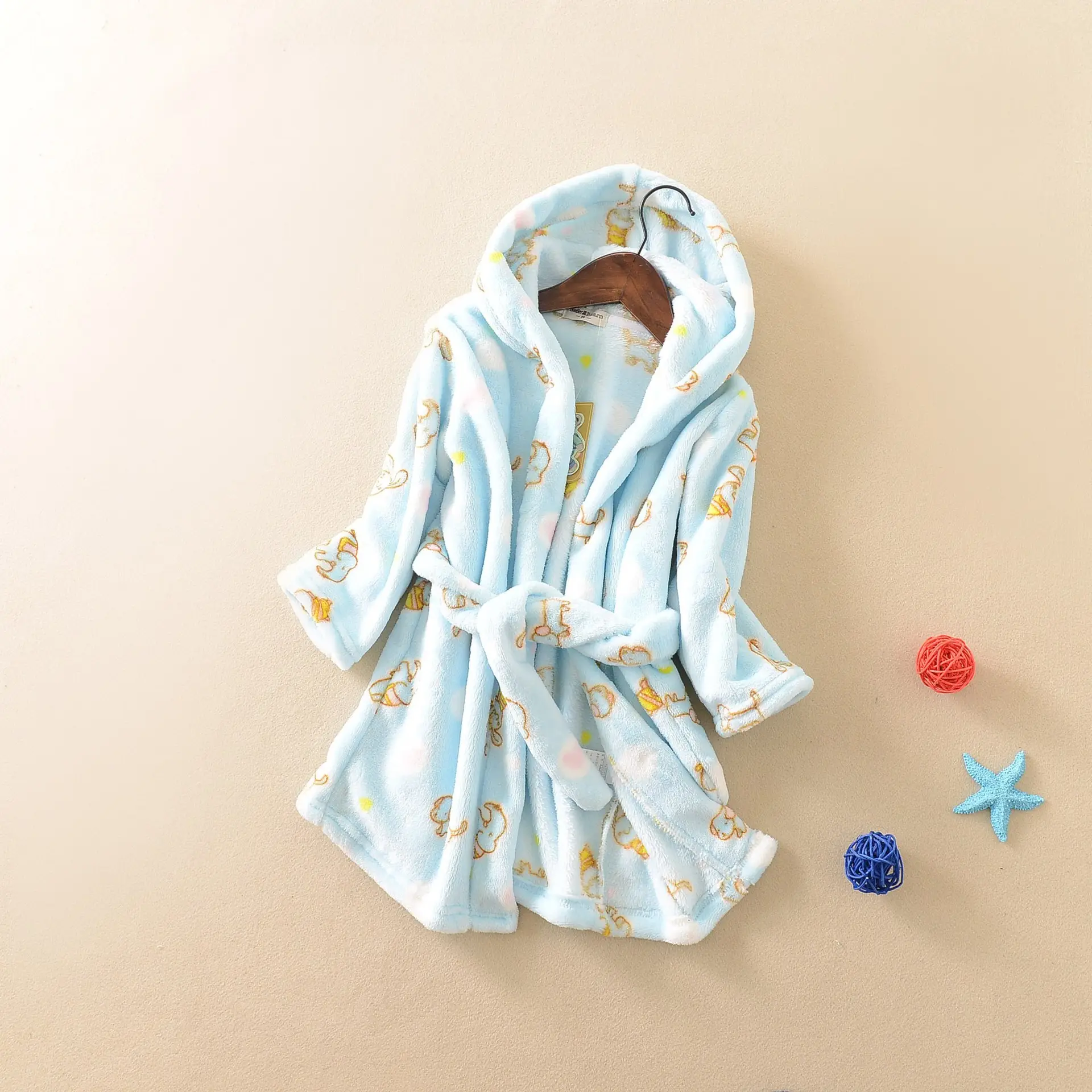 Winter Flannel Bathrobe for Girls Boys Blue Coral Print - Image 9