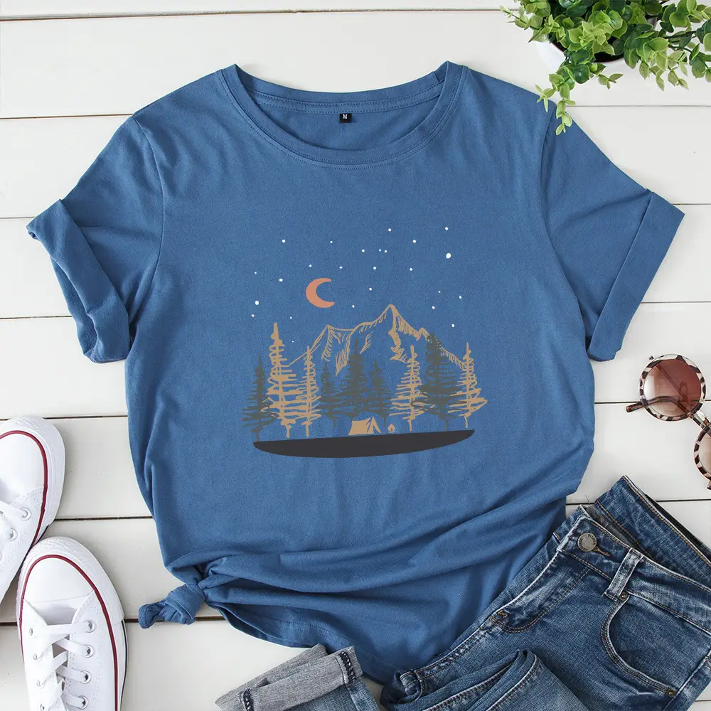 Women Cotton Cross Border T-Shirt Yellow Moon Forest - Image 7