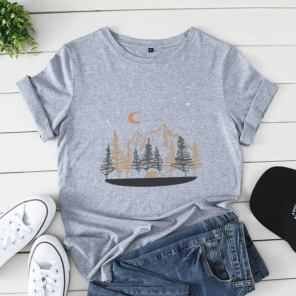 Women Cotton Cross Border T-Shirt Yellow Moon Forest - Image 2