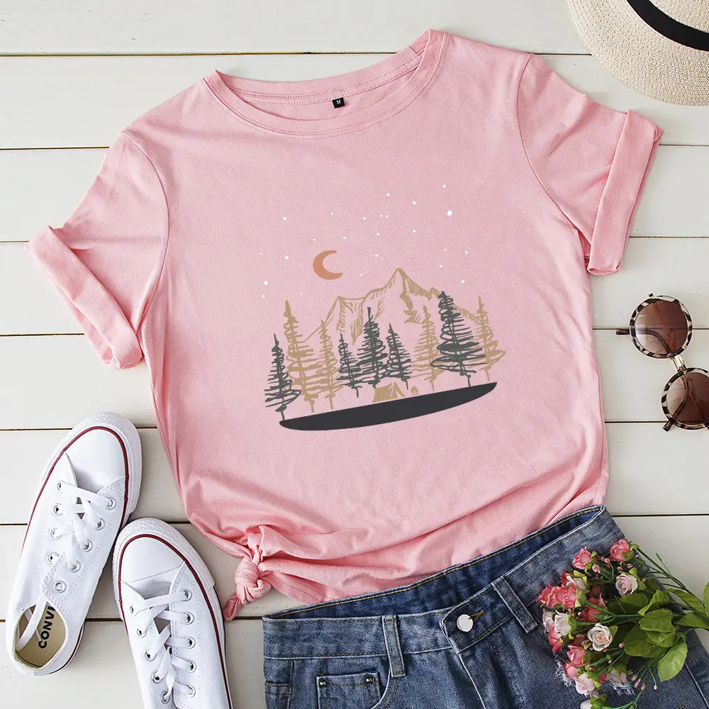 Women Cotton Cross Border T-Shirt Yellow Moon Forest - Image 5