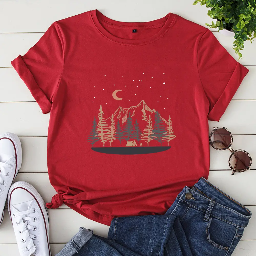 Women Cotton Cross Border T-Shirt Yellow Moon Forest - Image 3
