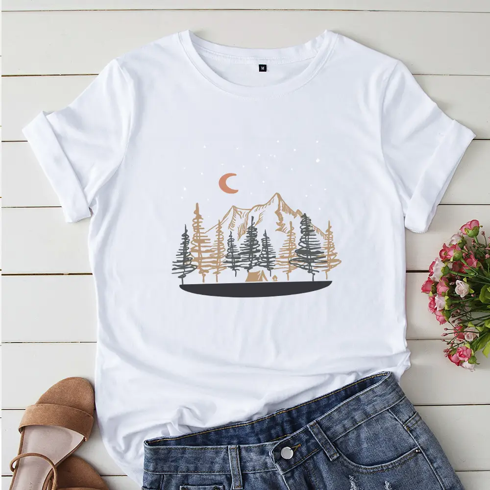 Women Cotton Cross Border T-Shirt Yellow Moon Forest - Image 6