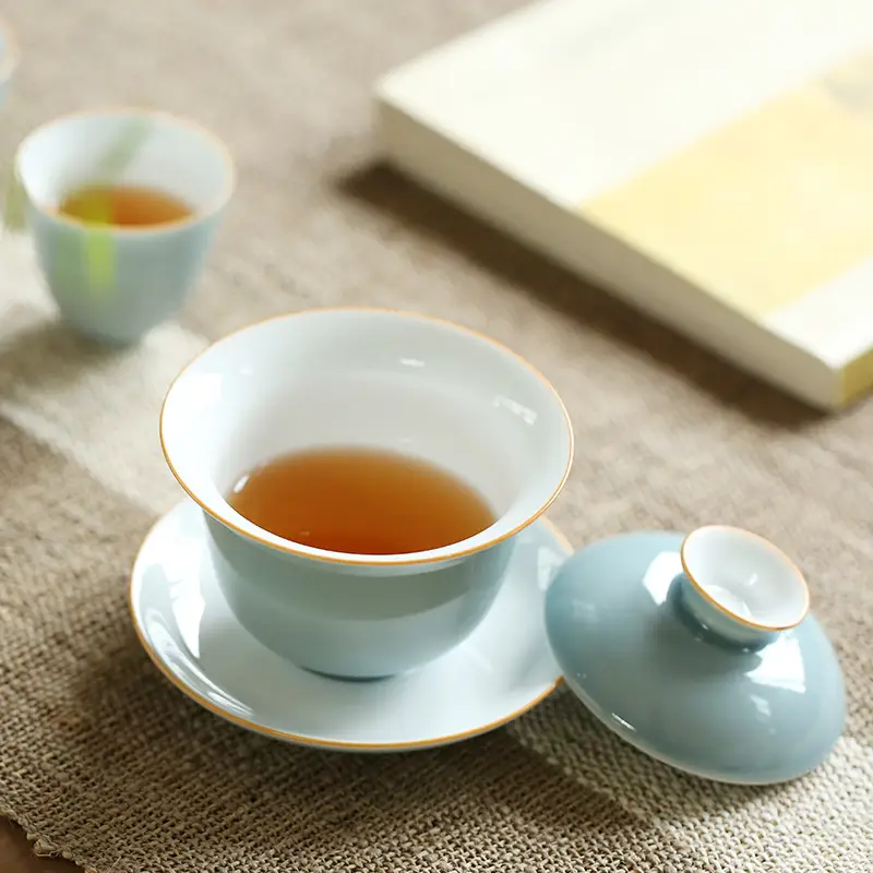 Light Blue Glazed Ceramic Tea Set with Cover - Image 4