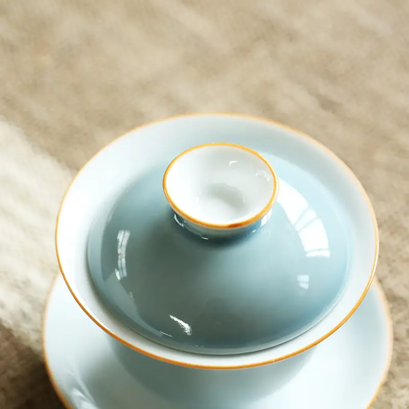 Light Blue Glazed Ceramic Tea Set with Cover - Image 6