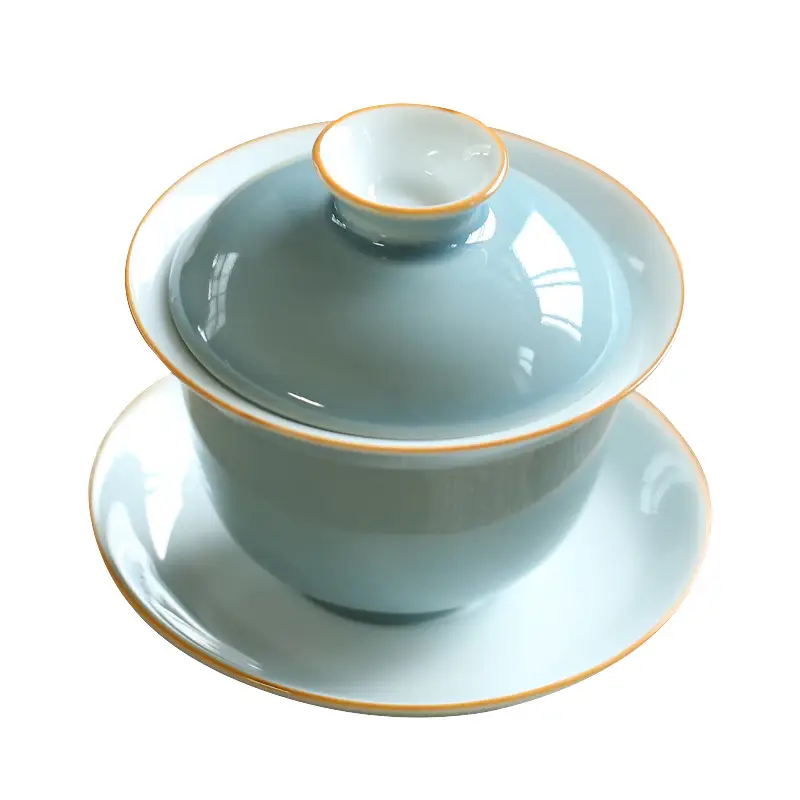 Light Blue Glazed Ceramic Tea Set with Cover - Image 7
