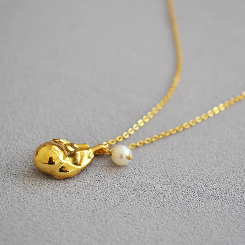 Golden Brass Pendant Necklace with Freshwater Pearl Design