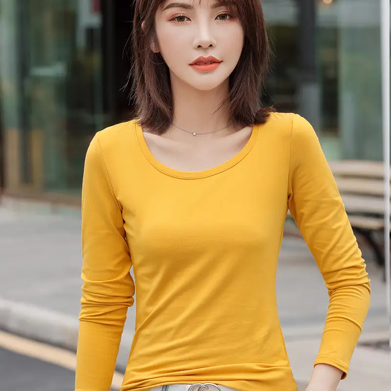 Women Slim Fit Long Sleeve Cotton T-Shirt Yellow