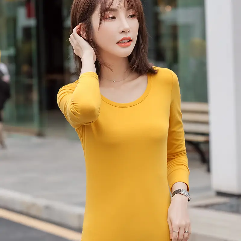 Women Slim Fit Long Sleeve Cotton T-Shirt Yellow