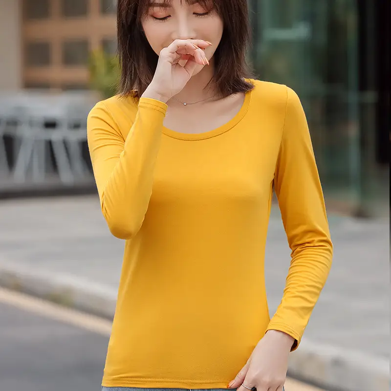 Women Slim Fit Long Sleeve Cotton T-Shirt Yellow