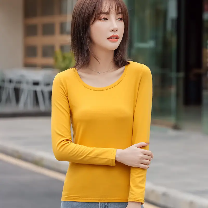 Women Slim Fit Long Sleeve Cotton T-Shirt Yellow
