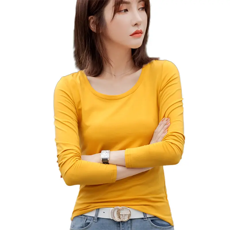 Women Slim Fit Long Sleeve Cotton T-Shirt Yellow