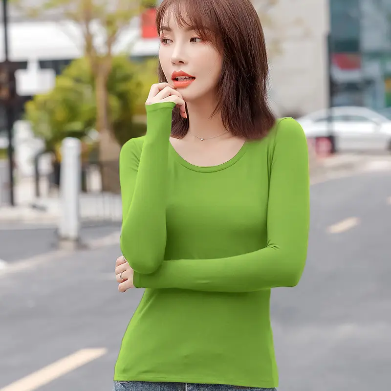 Women Slim Fit Long Sleeve Cotton T-Shirt Yellow