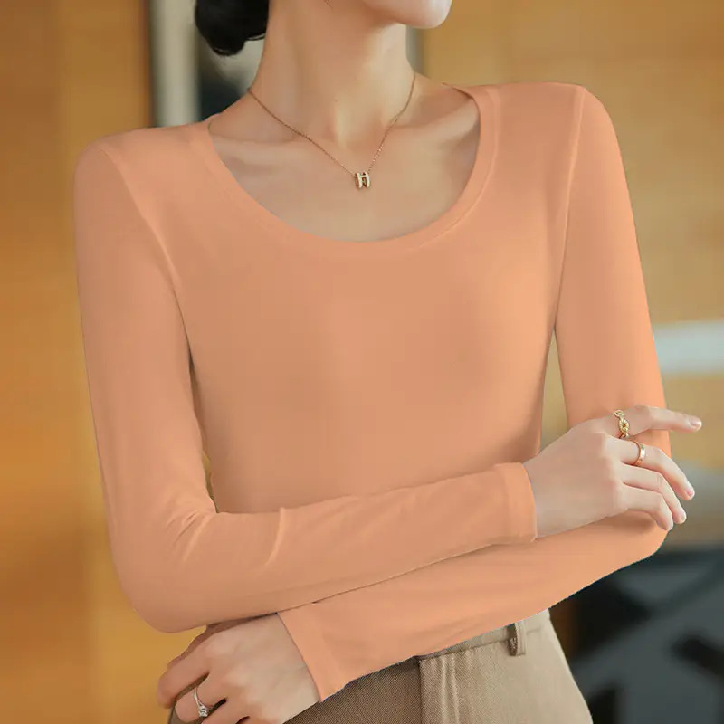 Women Slim Fit Long Sleeve Cotton T-Shirt Yellow