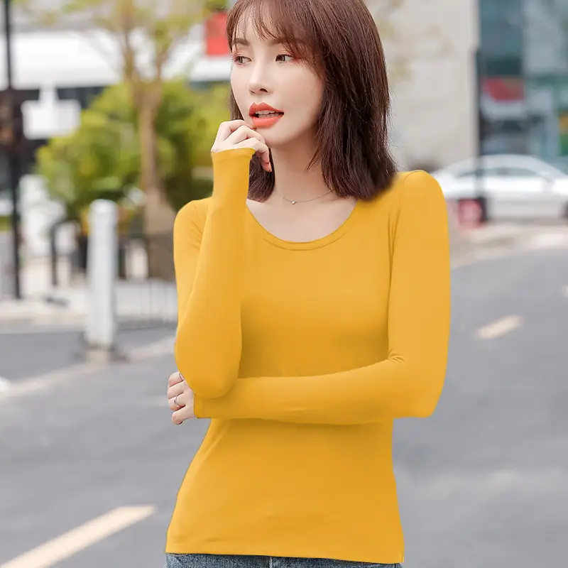 Women Slim Fit Long Sleeve Cotton T-Shirt Yellow