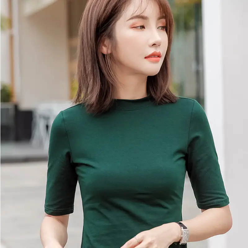 Women Cotton Slim Fit Green T-Shirt Small High Collar - Image 8