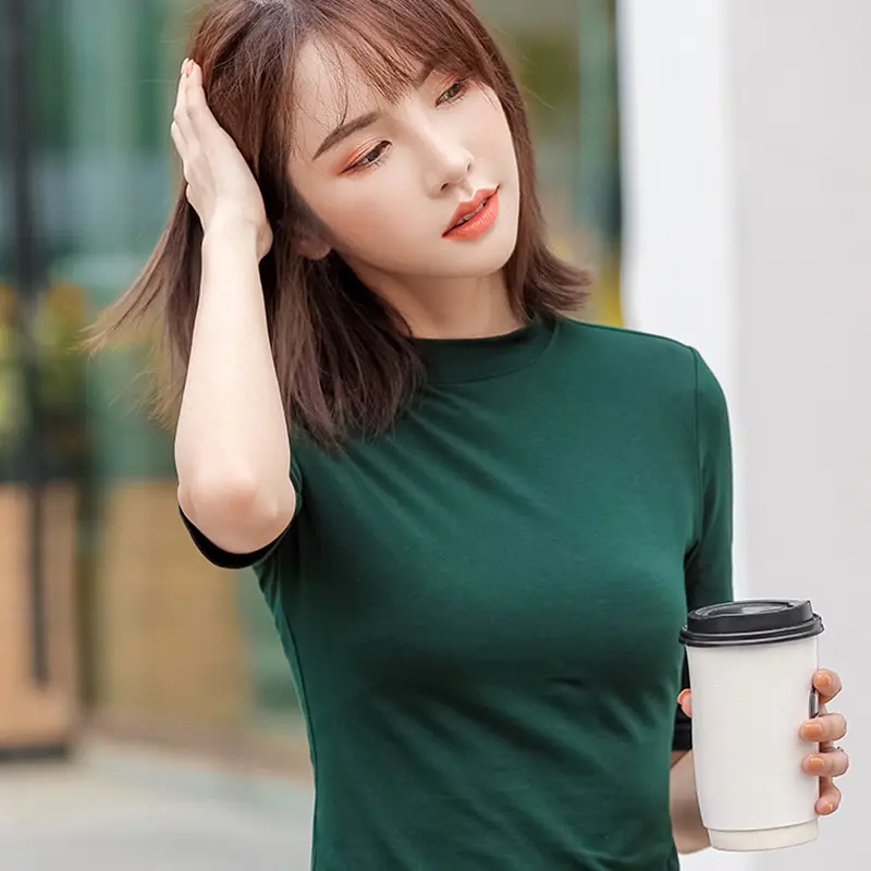 Women Cotton Slim Fit Green T-Shirt Small High Collar - Image 9
