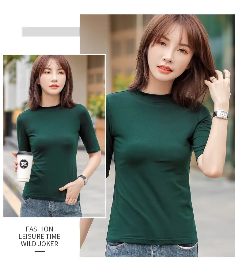 Women Cotton Slim Fit Green T-Shirt Small High Collar - Image 10