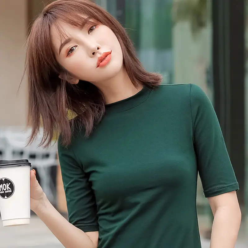 Women Cotton Slim Fit Green T-Shirt Small High Collar - Image 11